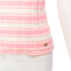 CHANEL 23C white pink stripe logo charm short sleeve ribbed sweater FR40 L
