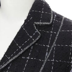 LUISA BECCARIA abrigo largo de tweed con adornos de cuadros plateados negros IT40 S