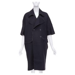 MARNI black wool linen frayed edge double breasted long coat IT38 XS