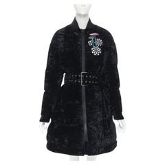 VERSUS VERSACE embroidery black crushed velvet belted puffer jacket IT38