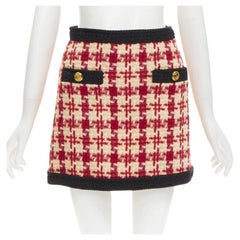 GUCCI red beige checkered tweed gold tone GG button mini skirt IT36 XXS