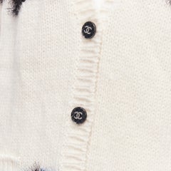 CHANEL pink blue fluffy lurex cream intarsia crystal CC button cardigan FR36 S