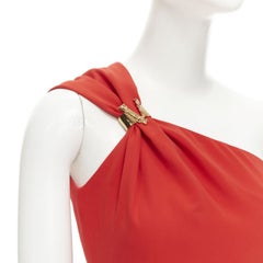 VERSACE 100% seda rojo oro Virtus Vestido de gala con cierre en V y un hombro IT38 XS