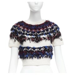 CHANEL pink blue fluffy lurex cream intarsia crystal CC cropped sweater FR34 XS