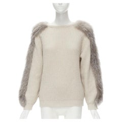 BRUNELLO CUCINELLI beige 100% cashmere grey fox fur sleeve waffle knit sweater M