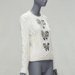 VALENTINO 2021 silver beads sequins bow white lurex cable knit sweater XS