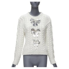VALENTINO 2021 silver beads sequins bow white lurex cable knit sweater XS