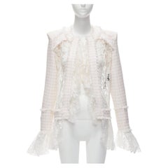 BALMAIN Spencer pink white tweed sheer lace ruffle blazer jacket FR34 XS