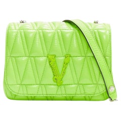 VERSACE Virtus bright green V quilted patent leather crossbody flap bag