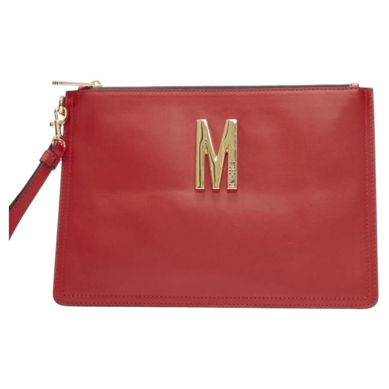 Pre-owned Jeremy Scott Moschino Couture! Smooth Red Leather Gold M Top Zip Wristlet Clutch Bag