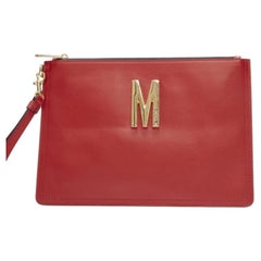 MOSCHINO Couture! smooth red leather gold M top zip wristlet clutch bag
