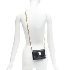 SALVATORE FERRAGAMO Vara Bow black scaled leather gold chain shoulder waist bag