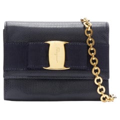 SALVATORE FERRAGAMO Vara Bow black scaled leather gold chain shoulder waist bag