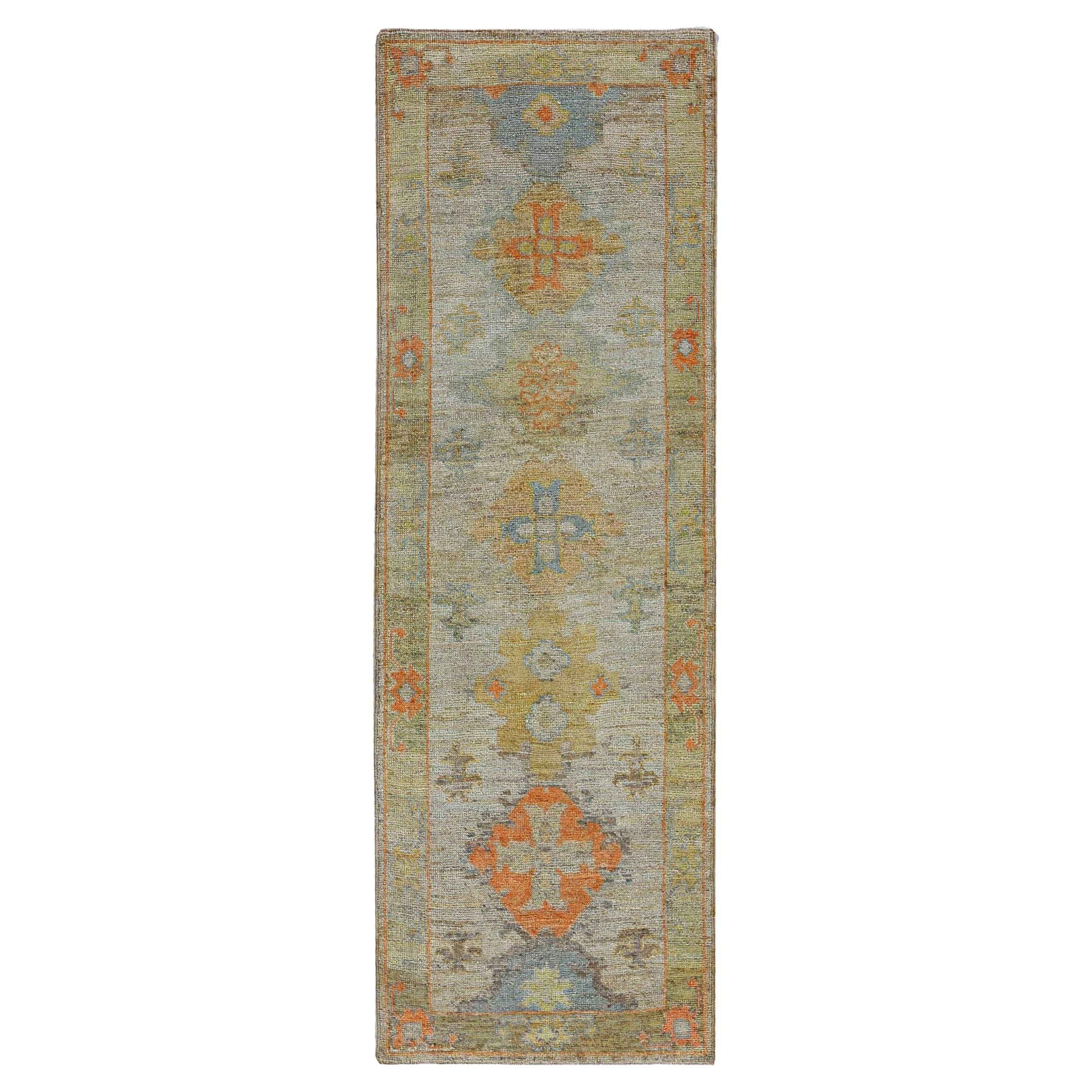 Turkey Rose Collection Runner Rug - Wool Green Ivory - 90912 For Sale