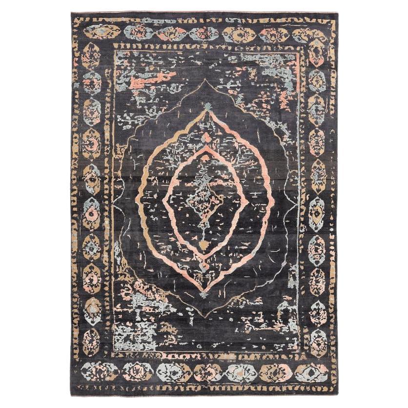 Afghanistan Abadeh Area Rugs - Wool Black Ivory Pink Design - 94639 For Sale