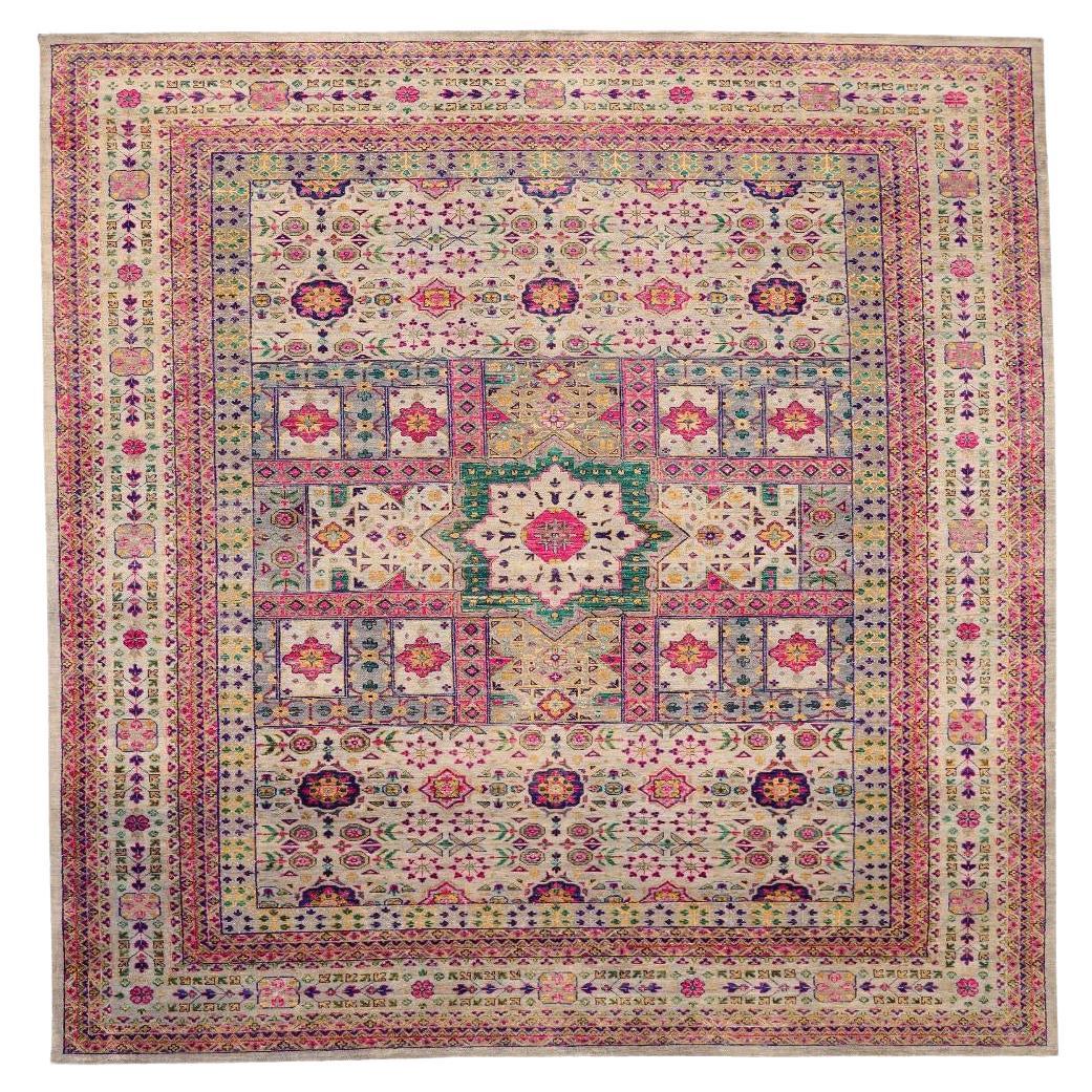 Tappeti India Sari Silk Area Rugs - Lana Verde Avorio Rosa Design - 94090