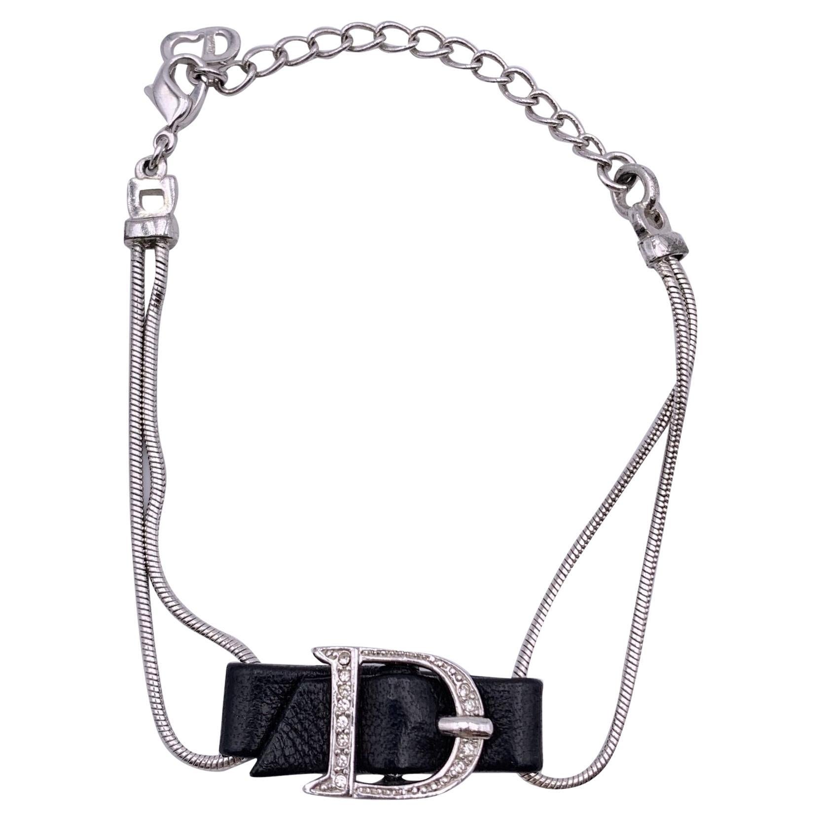 Christian Dior Silver Metal D Buckle Crystals Logo Bracelet