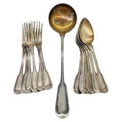 Set of 13 Silver-Plated Soup Cutlery with Spoons, Fork and Ladle, 1900s Set of 13 Silver-Plated Soup Cutlery with Spoons, Fork and Ladle, 1900s
