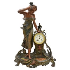 Large Nymph Clock in Regula & Bronze Patina Marble by A. De Raudery, 1890s