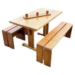 Set of 5, Dining Room Table, Stools and Bench by Charlotte Perriand for Les Arcs