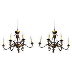Set of 2 Italian Golden Chandeliers with 6 Candles, 1950s