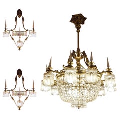 Set of 3 Large Bronze and Crystal Tassel Chandelier from Baccarat, 1930s