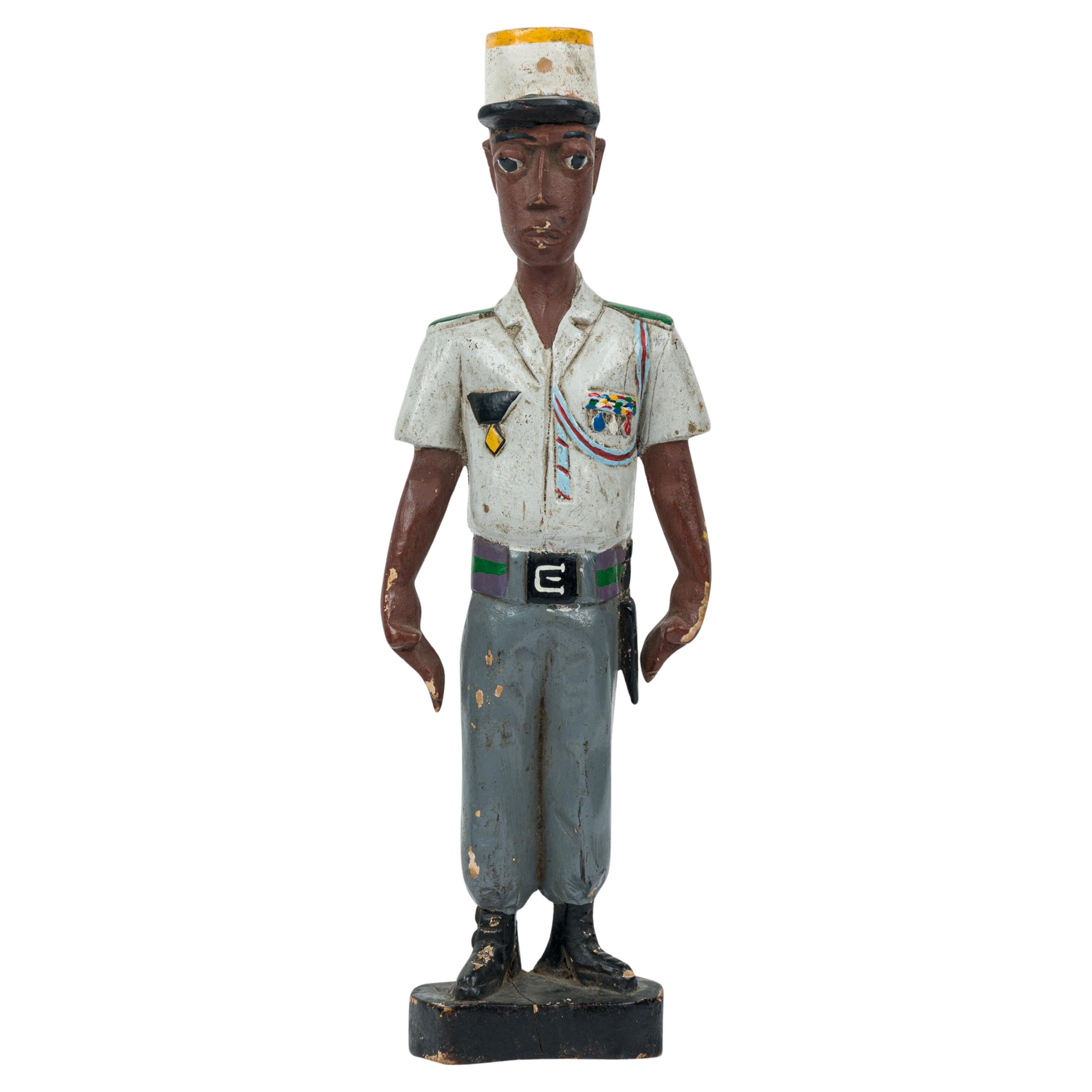 African Baule Colonial Policeman Statue, Carved Wood, 20th Century