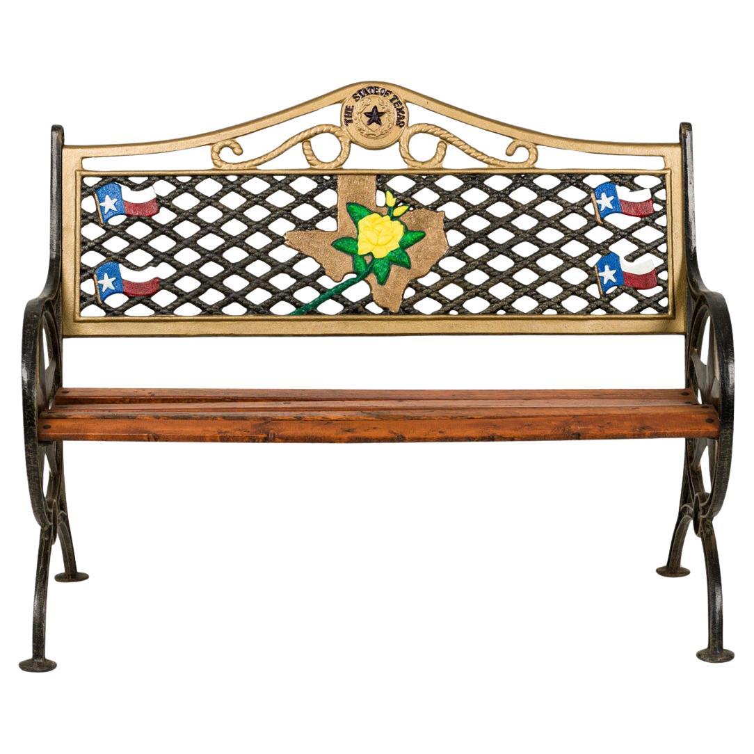 Contemporary American Cast Iron and Wood Polychromed Texas Motif Bench For Sale