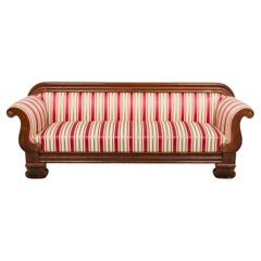 American Empire Style Carved Mahogany 
Beige, Red, 
Striped Upholstery Sofa