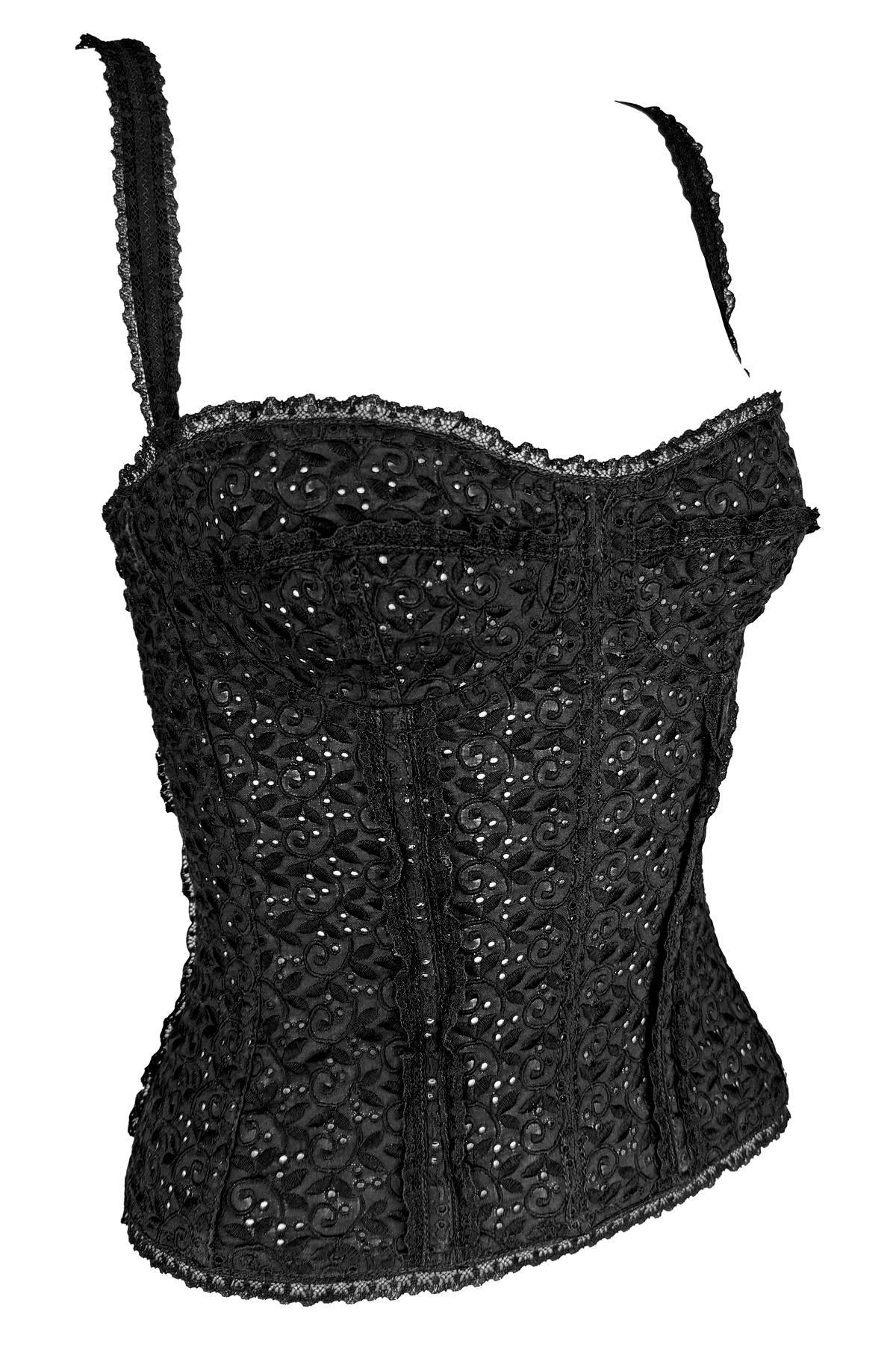 Donna Dolce & Gabbana - P/E 2006 - Top bustier con stecche in broderie anglais nero, disossato dal corsetto in vendita