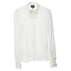 Just Cavalli White Silk Organza Ruffled Sheer Blouse L
