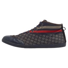 Gucci Navy Blue Leather and Diamante Web Print Nylon High Top Sneakers Size 42.5