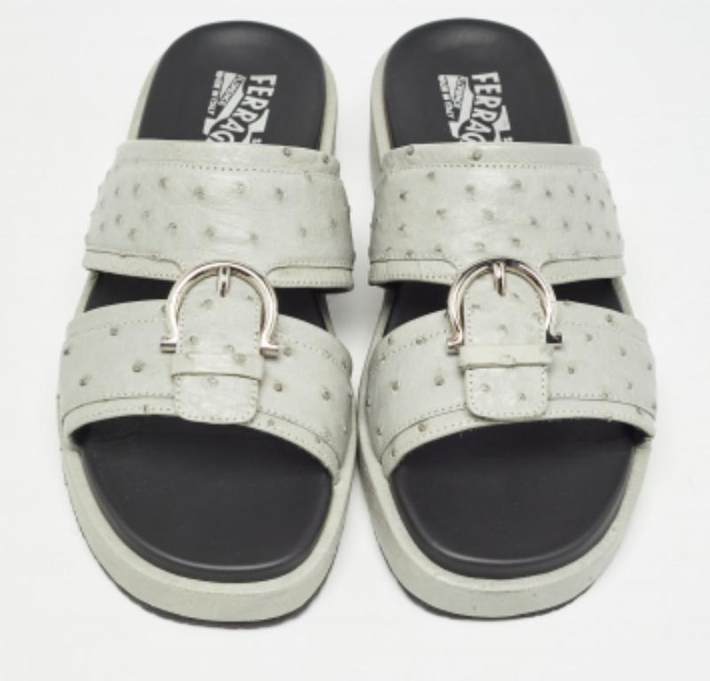 Salvatore Ferragamo Grey Ostrich Lutfi Platform Slides Size 40.5 For Sale 2