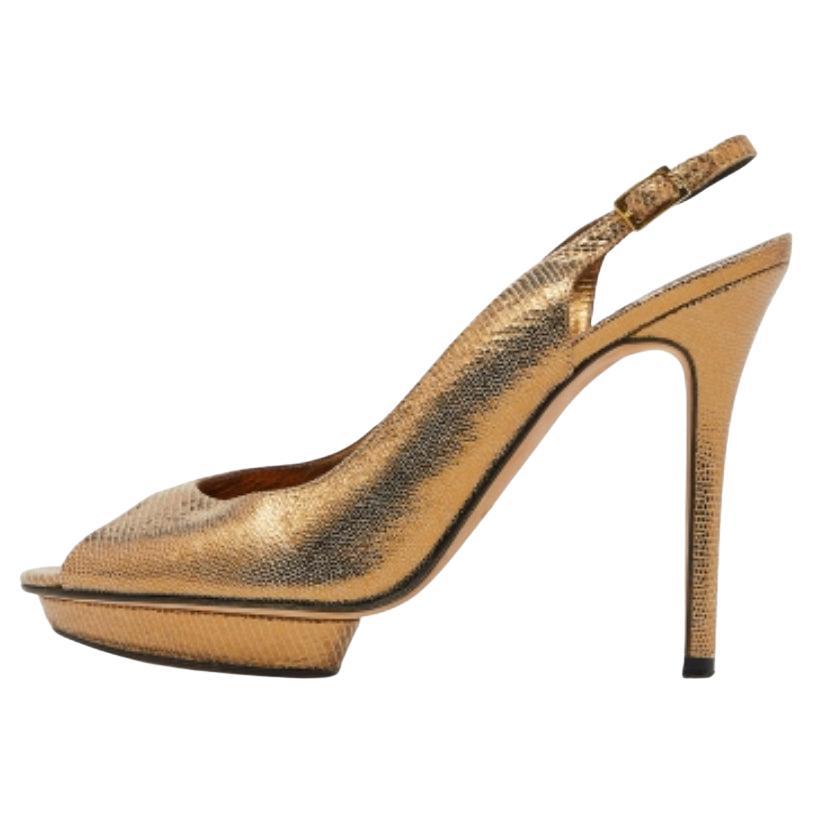 Gina - Sandali in pelle con piattaforma Peep Toe Slingback in oro con effetto lucertola - misura 39