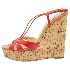 Christian Louboutin Red Leather Strappy Cork Wedge Sandals Size 38.5