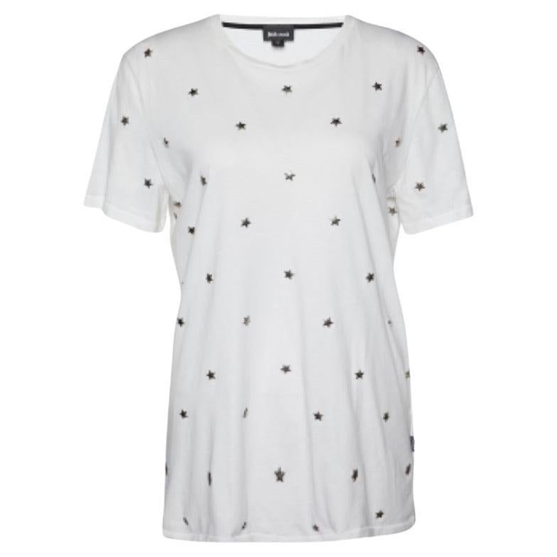 Just Cavalli Camiseta blanca de punto de algodón con tachuelas de estrella M en venta