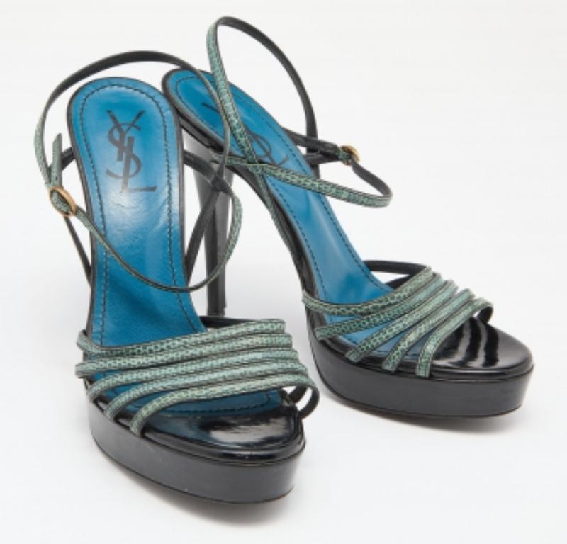 Yves Saint Laurent Sandales à plateforme en lézard vert/noir Taille 38.5 Bon état - En vente à Dubai, Al Qouz 2