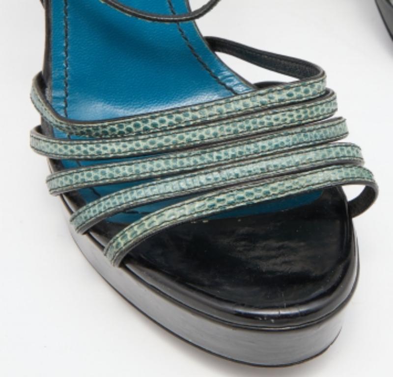Yves Saint Laurent Sandales à plateforme en lézard vert/noir Taille 38.5 Pour femmes en vente