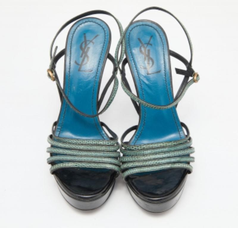 Yves Saint Laurent Sandales à plateforme en lézard vert/noir Taille 38.5 en vente 1