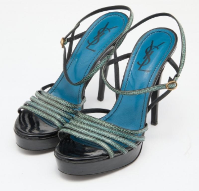 Yves Saint Laurent Sandales à plateforme en lézard vert/noir Taille 38.5 en vente 2