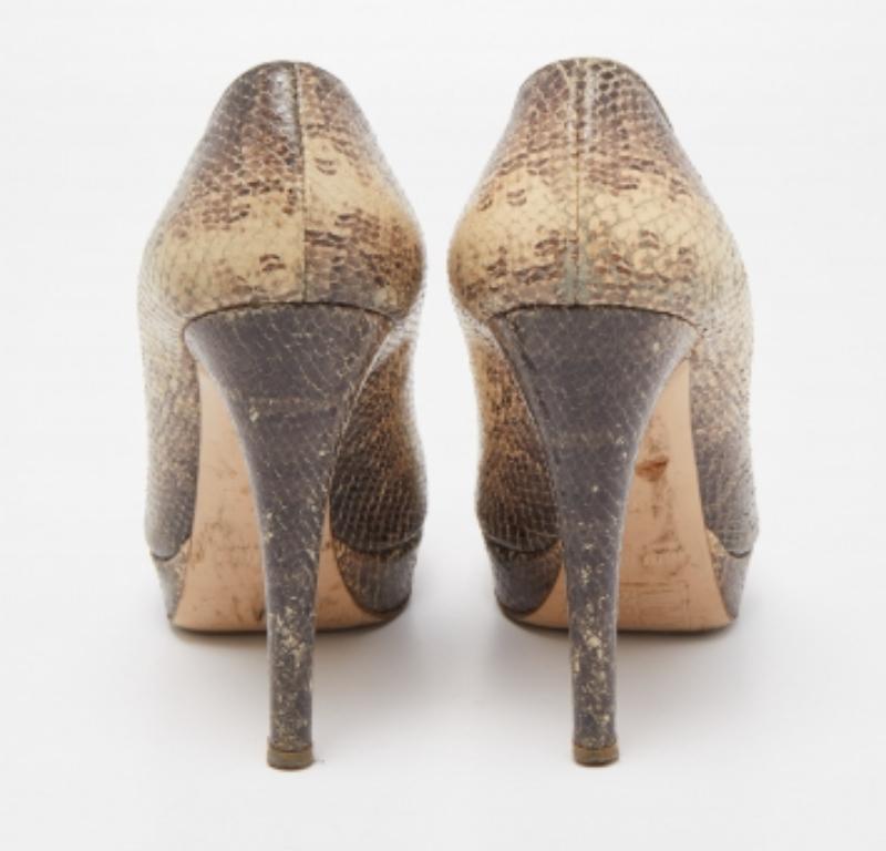 Miu Miu Cream/Brown Snakeskin Embossed Leather Platform Pumps Size 37 For Sale 4