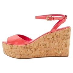 Tory Burch Pink Patent  Leather Dahlia Cork Platform Wedge Sandals Size 38.5