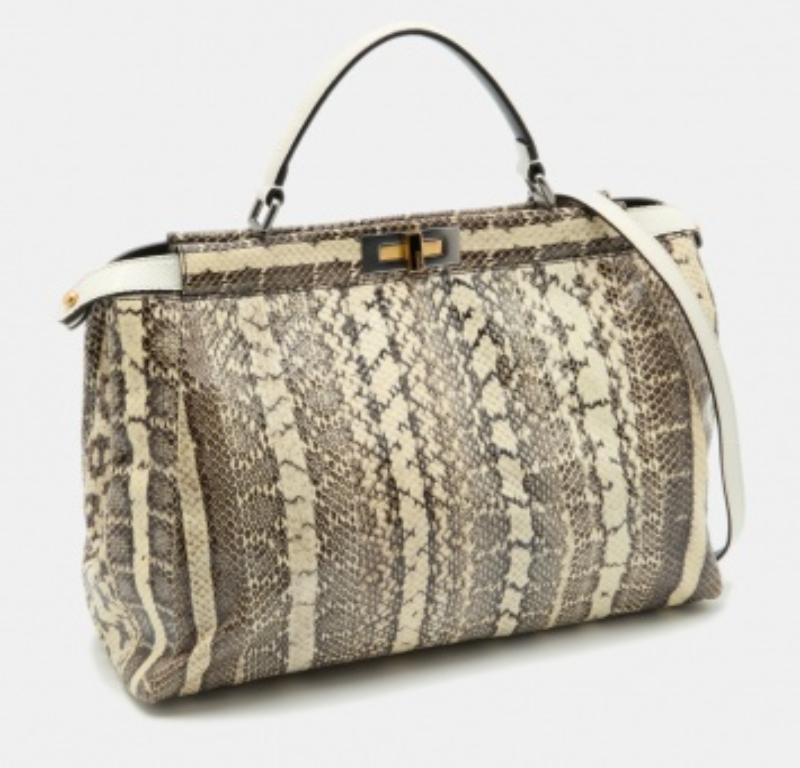 Fendi Beige/Black Python Leather Large Peekaboo Top Handle Bag For Sale 4