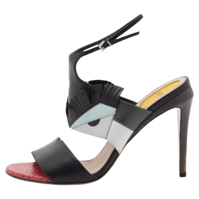 Fendi - Sandales à lanières en cuir tricolore et lézard gaufré avec œil de monstre - Taille 39