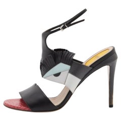 Fendi - Sandales à lanières en cuir tricolore et lézard gaufré avec œil de monstre - Taille 39