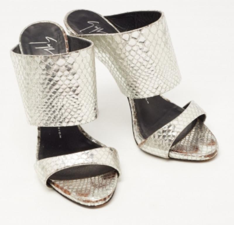Giuseppe Zanotti Silver Python Embossed Leather Andrea Sandals Size 38.5 For Sale 1