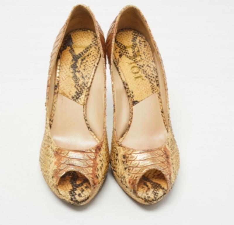 Dior Gold Python Embossed Leather Miss Dior Peep-Toe Platform Pumps Size 40 For Sale 2