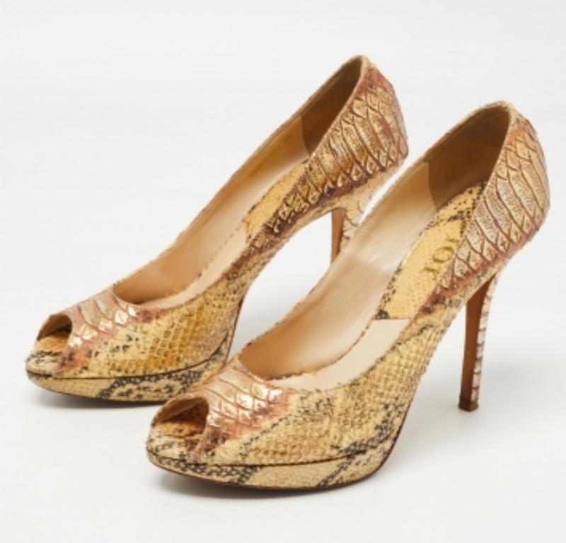 Dior Gold Python Embossed Leather Miss Dior Peep-Toe Platform Pumps Size 40 For Sale 3