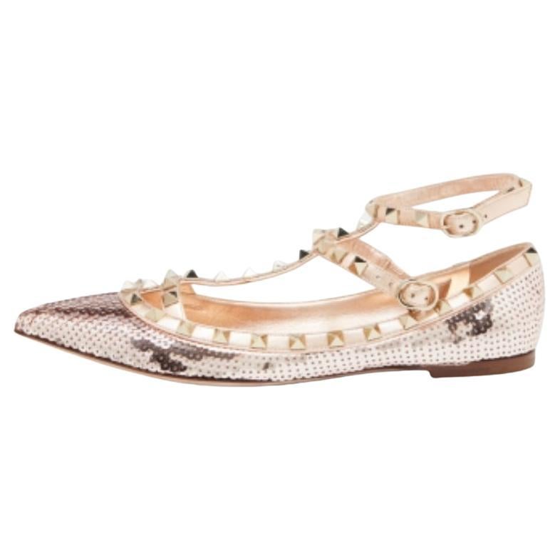 Valentino paillettes d'or et cuir  Rockstud Ballet Flats Size 37.5