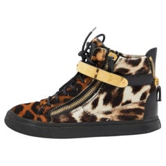 Giuseppe Zanotti Brown/Black Leopard Print Calfhair Lace Up High Top Sneakers 37